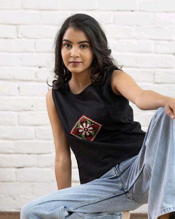 Women Sleeveless Cotton Top with Floral Embroidery – Stylish Ethnic Kurti Style Top for Girls | Trendy Casual Summer Outfit for Jeans & College Wear - XS, Black
