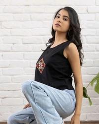 Women Sleeveless Cotton Top with Floral Embroidery – Stylish Ethnic Kurti Style Top for Girls | Trendy Casual Summer Outfit for Jeans & College Wear - XS, Black