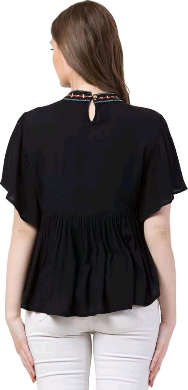 Women's Casual Flared Sleeve Embroidered Riyon Latest Stylish Western Top (M, Black.Kaptan) - Black, L