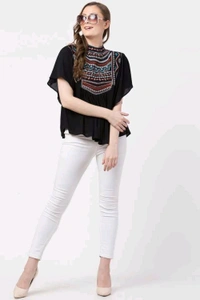 Women's Casual Flared Sleeve Embroidered Riyon Latest Stylish Western Top (M, Black.Kaptan) - Black, L