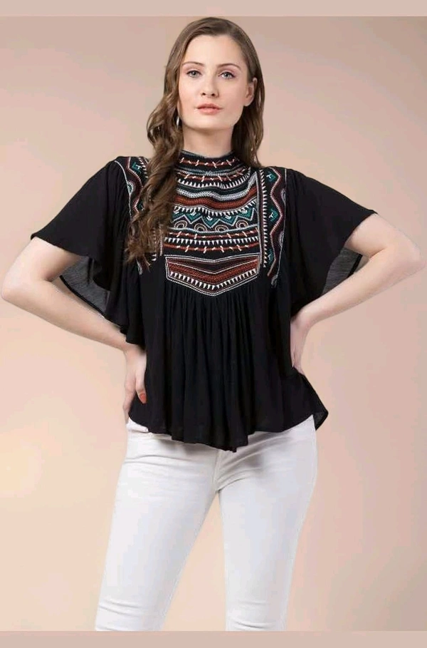Women's Casual Flared Sleeve Embroidered Riyon Latest Stylish Western Top (M, Black.Kaptan) - Black, M