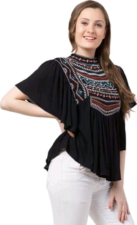 Women's Casual Flared Sleeve Embroidered Riyon Latest Stylish Western Top (M, Black.Kaptan) - Black, M