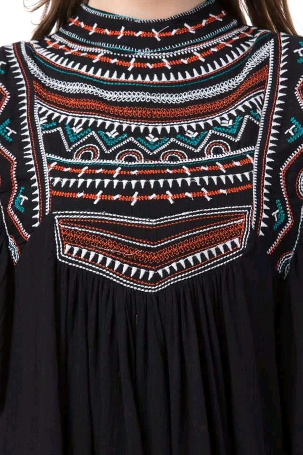 Women's Casual Flared Sleeve Embroidered Riyon Latest Stylish Western Top (M, Black.Kaptan) - Black, M