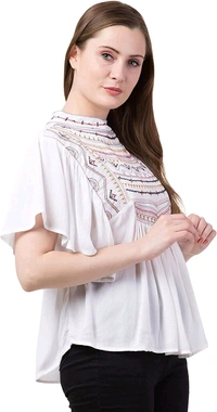 Women's Casual Flared Sleeve Embroidered Riyon Latest Stylish Western Top (M, Black.Kaptan) - White, M