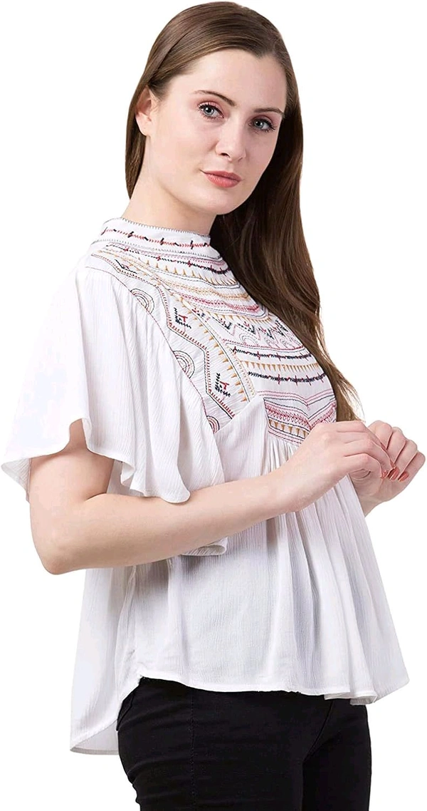 Women's Casual Flared Sleeve Embroidered Riyon Latest Stylish Western Top (M, Black.Kaptan) - White, M