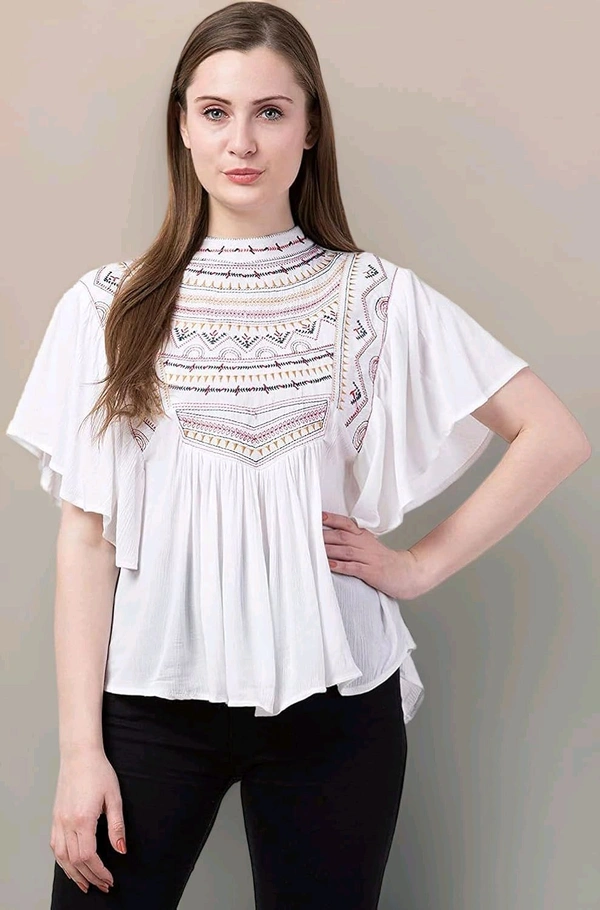 Women's Casual Flared Sleeve Embroidered Riyon Latest Stylish Western Top (M, Black.Kaptan) - White, S