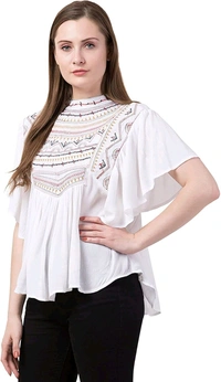 Women's Casual Flared Sleeve Embroidered Riyon Latest Stylish Western Top (M, Black.Kaptan) - White, S