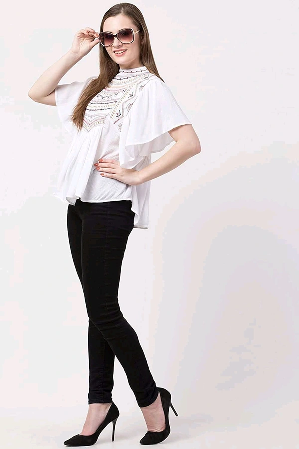 Women's Casual Flared Sleeve Embroidered Riyon Latest Stylish Western Top (M, Black.Kaptan) - White, S