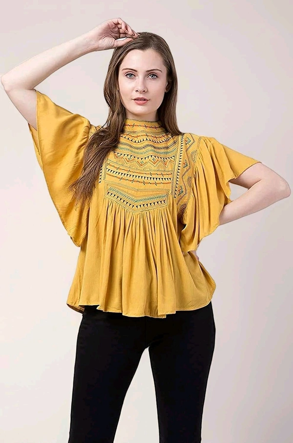Women's Casual Flared Sleeve Embroidered Riyon Latest Stylish Western Top (M, Black.Kaptan) - Cream Can, M