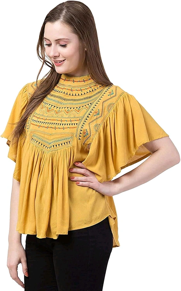 Women's Casual Flared Sleeve Embroidered Riyon Latest Stylish Western Top (M, Black.Kaptan) - Cream Can, M