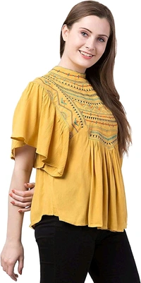 Women's Casual Flared Sleeve Embroidered Riyon Latest Stylish Western Top (M, Black.Kaptan) - Cream Can, M