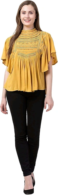 Women's Casual Flared Sleeve Embroidered Riyon Latest Stylish Western Top (M, Black.Kaptan) - Cream Can, M