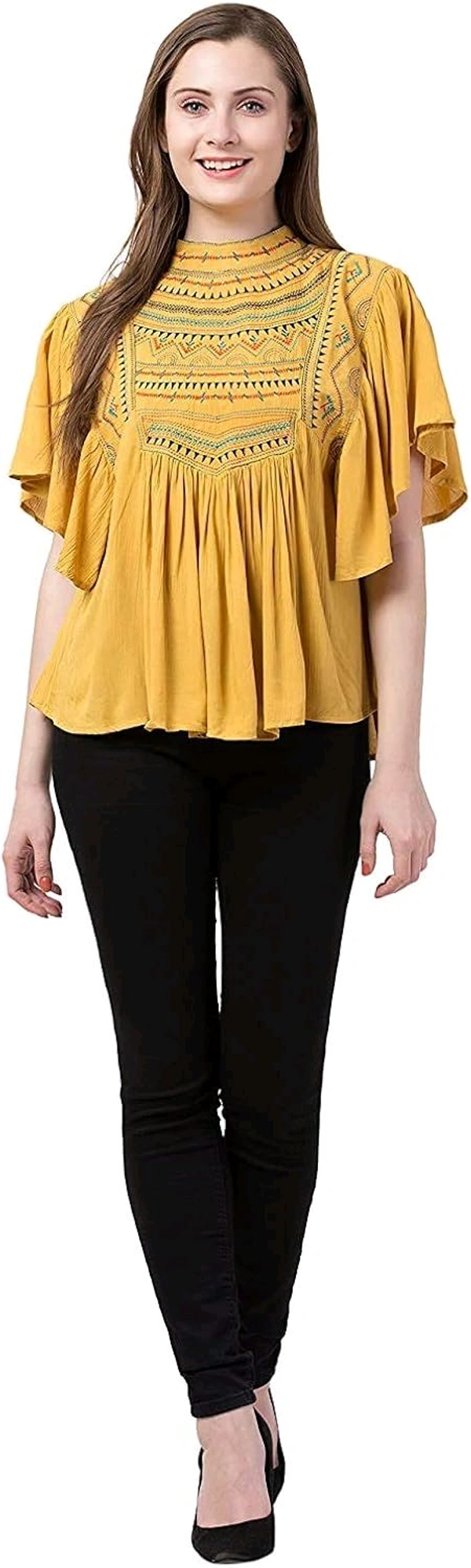 Women's Casual Flared Sleeve Embroidered Riyon Latest Stylish Western Top (M, Black.Kaptan) - Cream Can, M