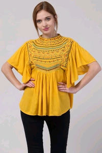 Women's Casual Flared Sleeve Embroidered Riyon Latest Stylish Western Top (M, Black.Kaptan) - Cream Can, M