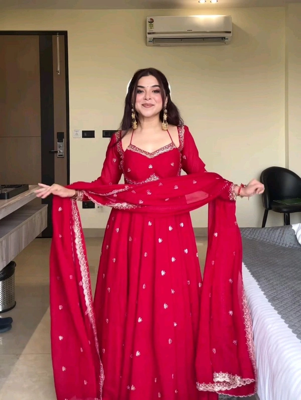 Red Georgette Embroidery Anarkali Suit Set with Dupatta Ready to Wear for Celebrations - Red, L