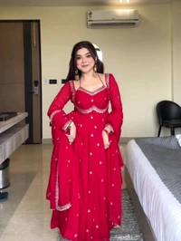 Red Georgette Embroidery Anarkali Suit Set with Dupatta Ready to Wear for Celebrations - Red, L