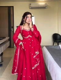 Red Georgette Embroidery Anarkali Suit Set with Dupatta Ready to Wear for Celebrations - Red, M