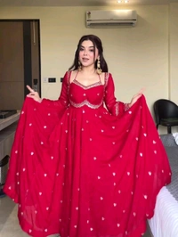 Red Georgette Embroidery Anarkali Suit Set with Dupatta Ready to Wear for Celebrations - Red, M