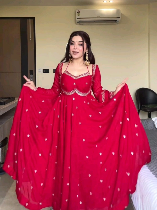 Red Georgette Embroidery Anarkali Suit Set with Dupatta Ready to Wear for Celebrations - Red, M