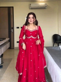 Red Georgette Embroidery Anarkali Suit Set with Dupatta Ready to Wear for Celebrations - Red, XL