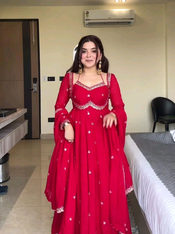 Red Georgette Embroidery Anarkali Suit Set with Dupatta Ready to Wear for Celebrations - Red, XL