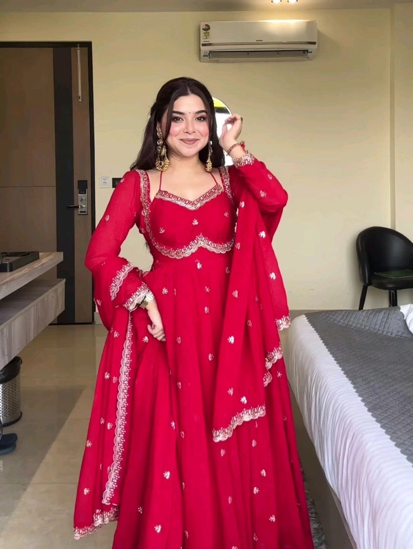 Red Georgette Embroidery Anarkali Suit Set with Dupatta Ready to Wear for Celebrations - Red, XXL