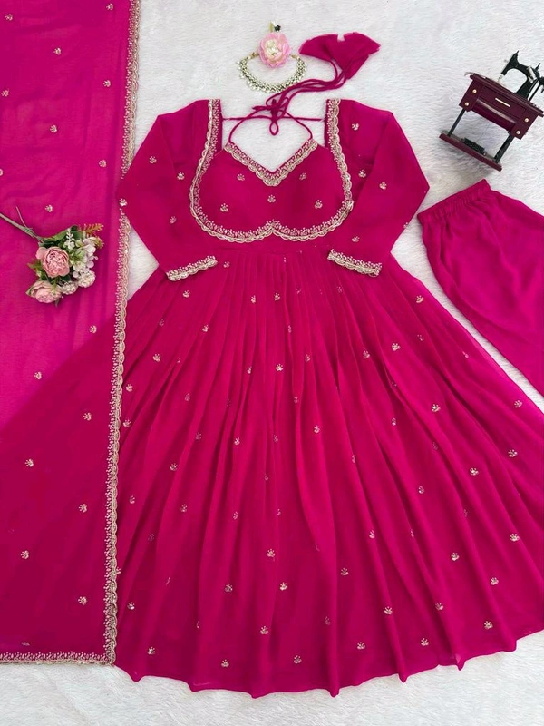 Red Georgette Embroidery Anarkali Suit Set with Dupatta Ready to Wear for Celebrations - Rose, L