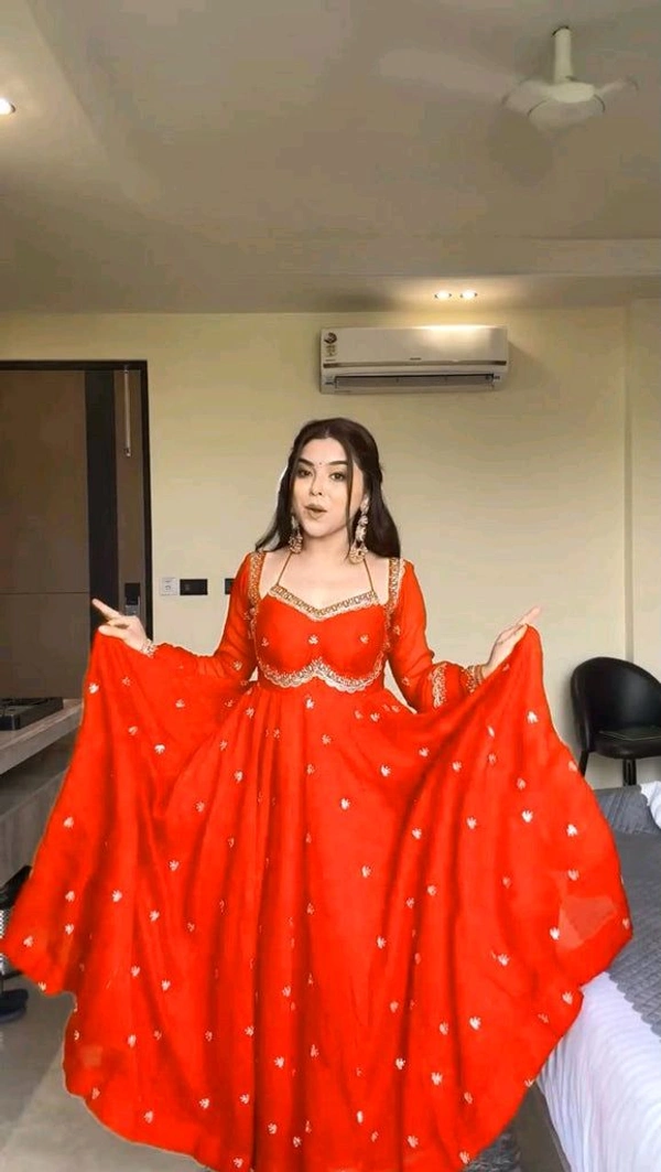 Red Georgette Embroidery Anarkali Suit Set with Dupatta Ready to Wear for Celebrations - Scarlet, L