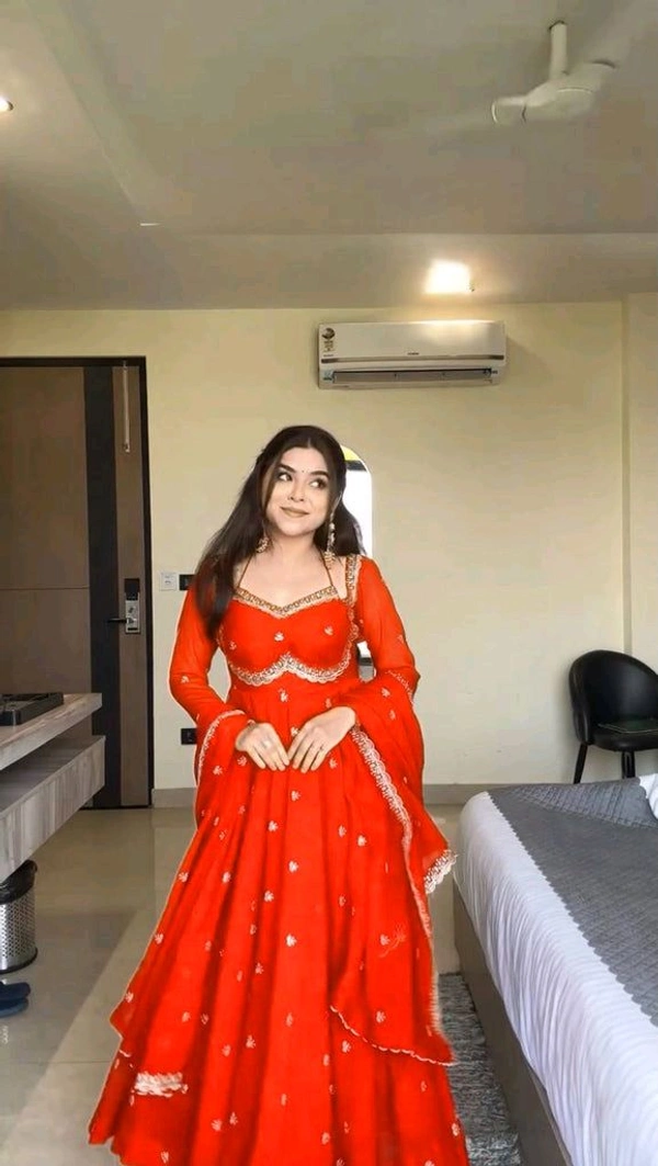 Red Georgette Embroidery Anarkali Suit Set with Dupatta Ready to Wear for Celebrations - Scarlet, M