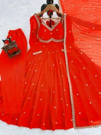 Red Georgette Embroidery Anarkali Suit Set with Dupatta Ready to Wear for Celebrations - Scarlet, M