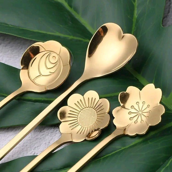 Golden Dessert Spoon Set – 4 Pcs Designer Spoons for Dessert, Coffee, Ice Cream & Kitchen Use – Floral & Heart Shapes – Premium Stainless Steel (8 cm, Gold Finish) - Golden