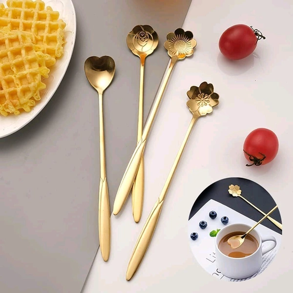 Golden Dessert Spoon Set – 4 Pcs Designer Spoons for Dessert, Coffee, Ice Cream & Kitchen Use – Floral & Heart Shapes – Premium Stainless Steel (8 cm, Gold Finish) - Golden