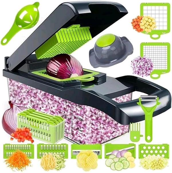 Vegetable Chopper, 16 in 1 Multifunctional Food Chopper with Vegetable Peeler, Kitchen Vegetable Slicer, Dicer Cutter with Container, Chopper for Onion Carrot Cucumber (16-in-1-Cutter) - Green