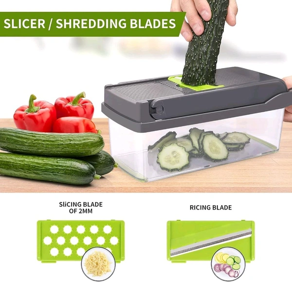 Vegetable Chopper, 16 in 1 Multifunctional Food Chopper with Vegetable Peeler, Kitchen Vegetable Slicer, Dicer Cutter with Container, Chopper for Onion Carrot Cucumber (16-in-1-Cutter) - Green