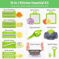 Vegetable Chopper, 16 in 1 Multifunctional Food Chopper with Vegetable Peeler, Kitchen Vegetable Slicer, Dicer Cutter with Container, Chopper for Onion Carrot Cucumber (16-in-1-Cutter) - Green