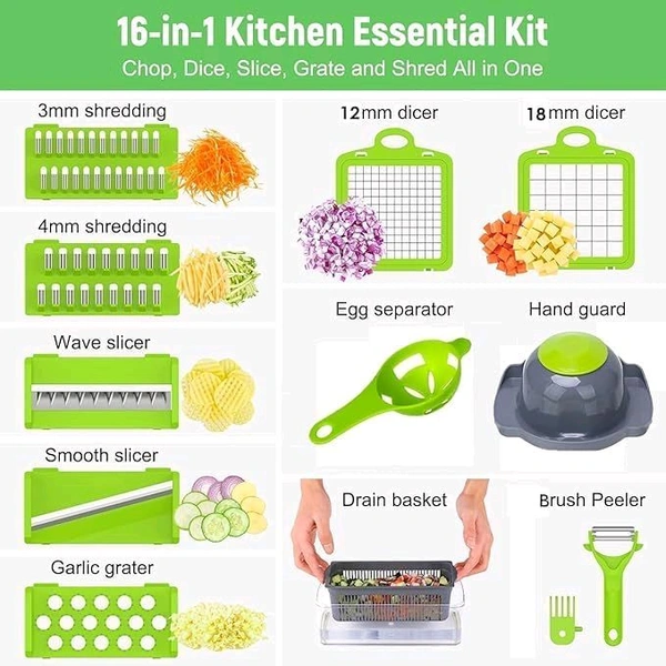 Vegetable Chopper, 16 in 1 Multifunctional Food Chopper with Vegetable Peeler, Kitchen Vegetable Slicer, Dicer Cutter with Container, Chopper for Onion Carrot Cucumber (16-in-1-Cutter) - Green