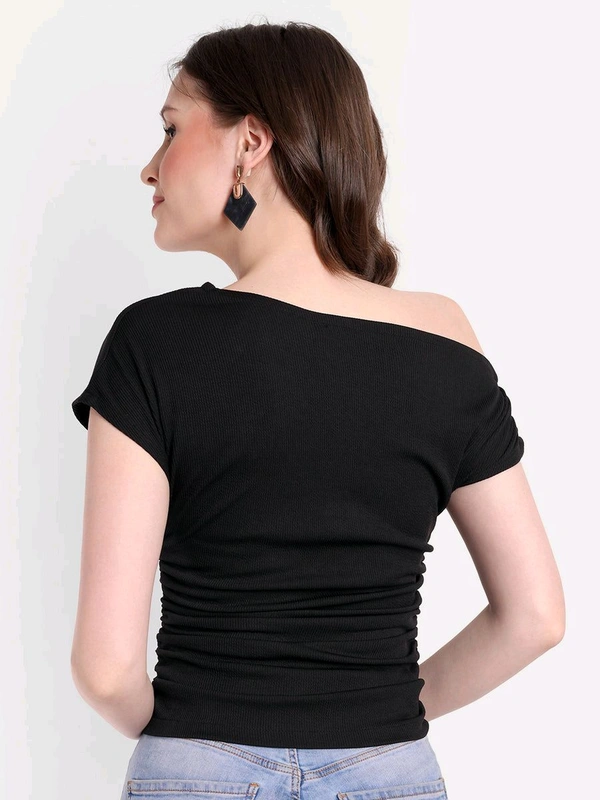 CASUAL SLEEVELESS SOLID GATHERED TOP - Black, M