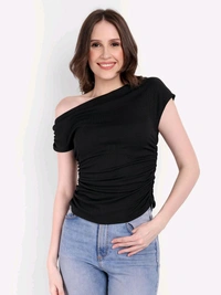 CASUAL SLEEVELESS SOLID GATHERED TOP - Black, S