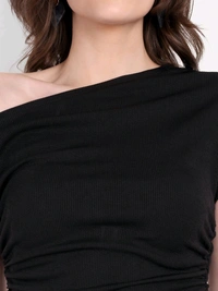 CASUAL SLEEVELESS SOLID GATHERED TOP - Black, XL