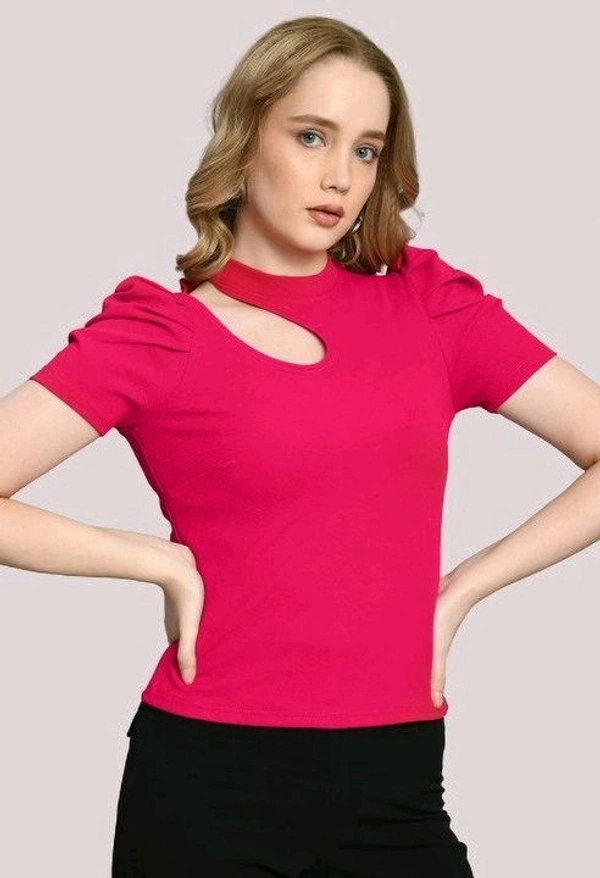 Women's Puff Sleeve Top with Front Cut-Out and Mock Neck
 - Magenta, S