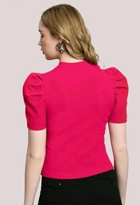 Women's Puff Sleeve Top with Front Cut-Out and Mock Neck
 - Magenta, S