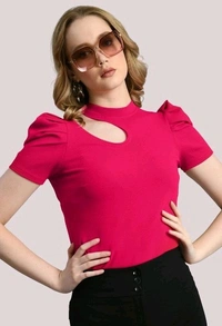 Women's Puff Sleeve Top with Front Cut-Out and Mock Neck
 - Magenta, S