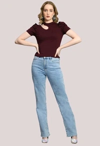 Women's Puff Sleeve Top with Front Cut-Out and Mock Neck
 - Wine, L