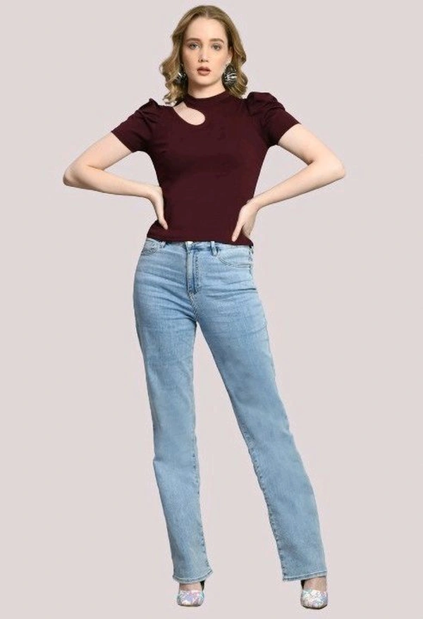 Women's Puff Sleeve Top with Front Cut-Out and Mock Neck
 - Wine, L