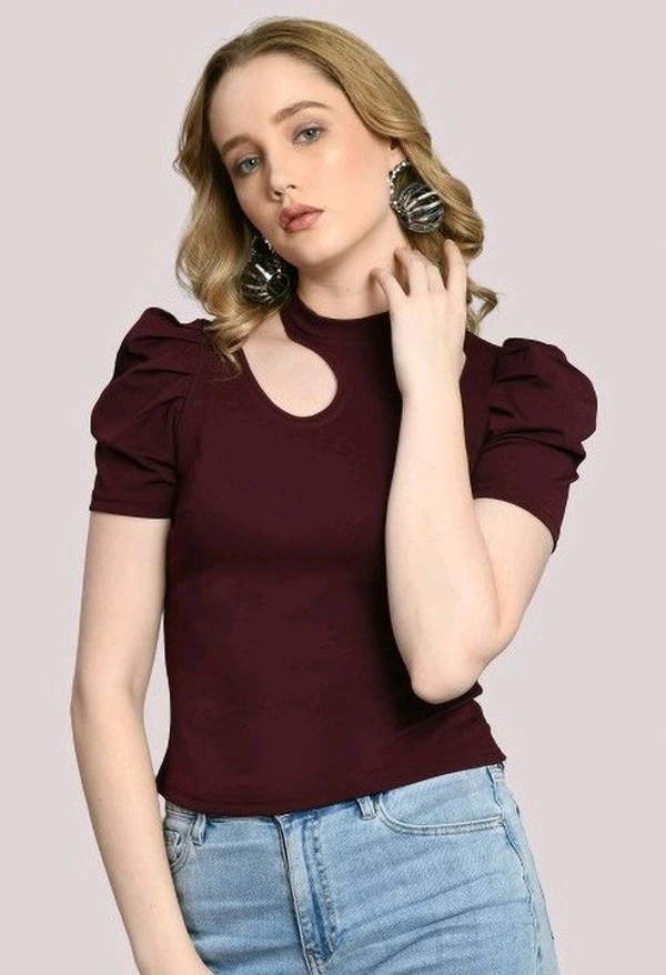 Women's Puff Sleeve Top with Front Cut-Out and Mock Neck
 - Wine, S