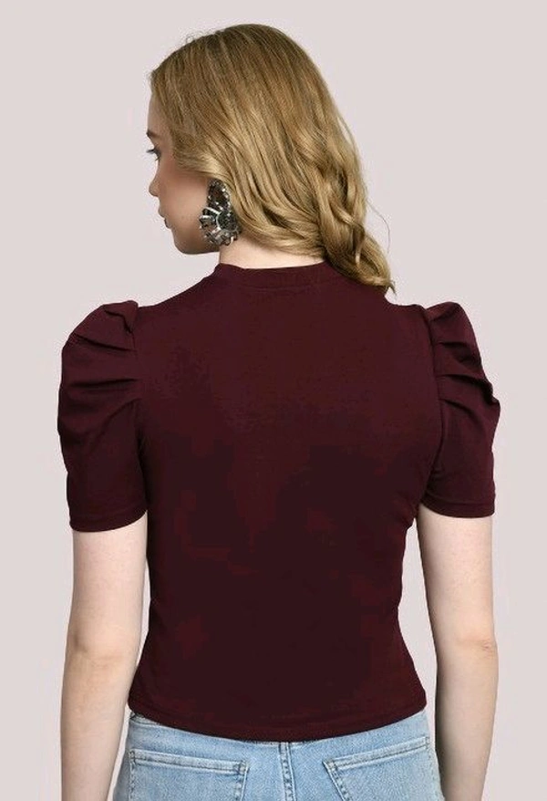 Women's Puff Sleeve Top with Front Cut-Out and Mock Neck
 - Wine, M