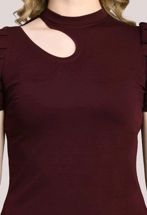 Women's Puff Sleeve Top with Front Cut-Out and Mock Neck
 - Wine, M
