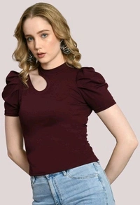 Women's Puff Sleeve Top with Front Cut-Out and Mock Neck
 - Wine, XL