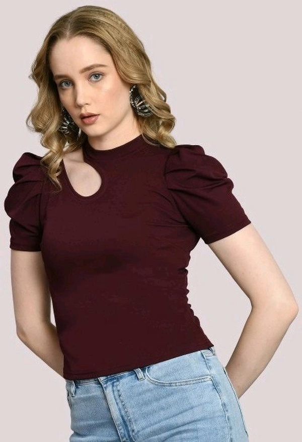 Women's Puff Sleeve Top with Front Cut-Out and Mock Neck
 - Wine, XL