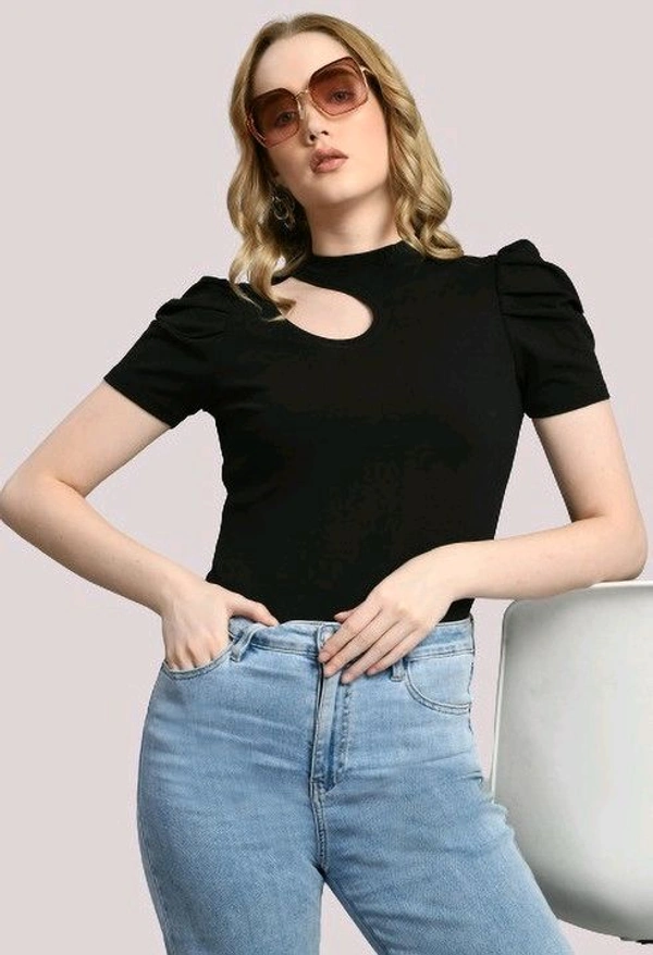 Women's Puff Sleeve Top with Front Cut-Out and Mock Neck
 - Black, S